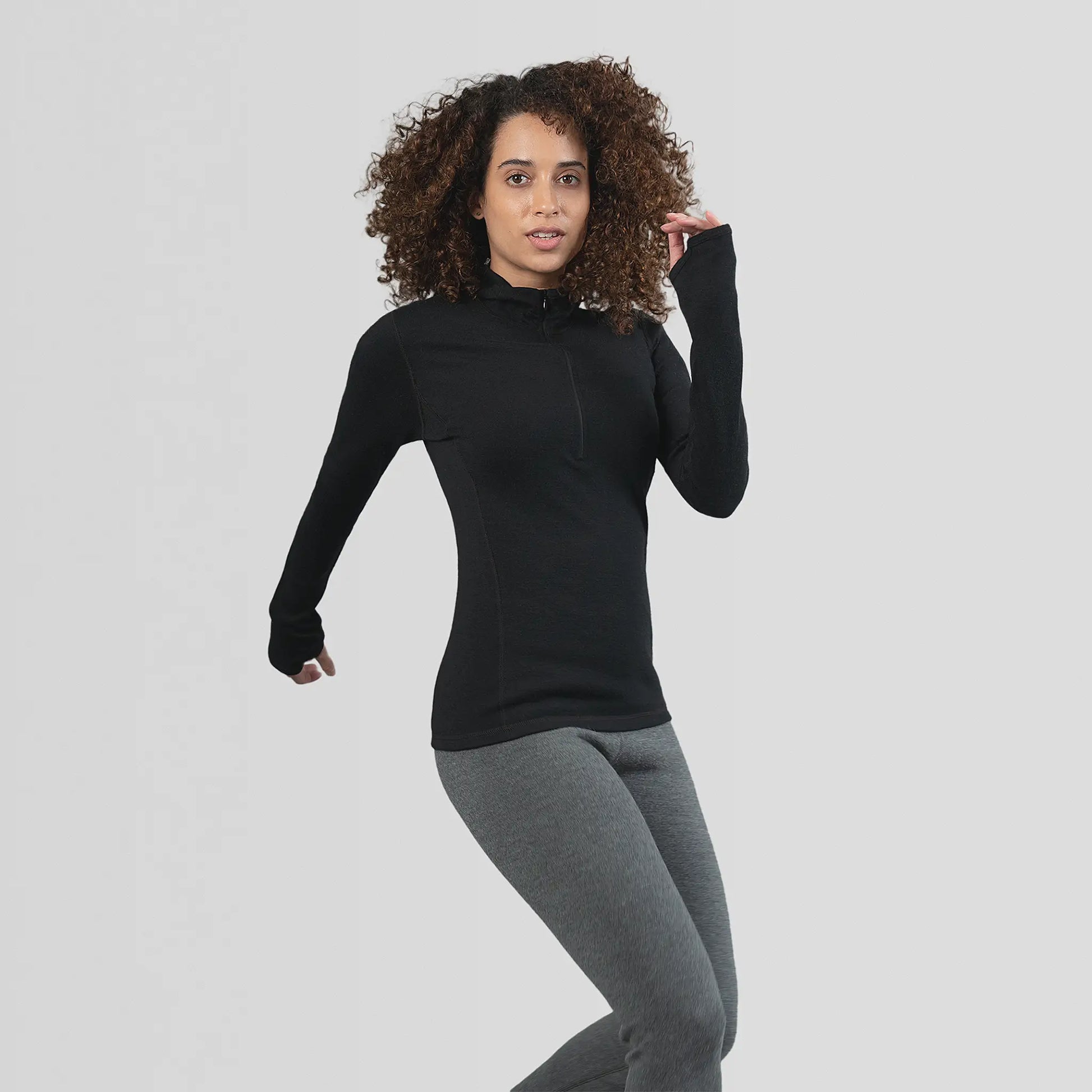 womens sustainable baselayer hoodie halfzip color black